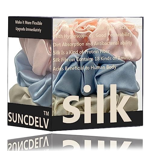 Suncdelv Silk Scrunchies, Anti-Crease & Breakage Hair Ties 22 Momme, 3PCS (Pink, Blue, Khaki)
