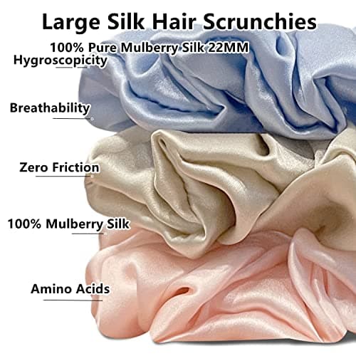 Suncdelv Silk Scrunchies, Anti-Crease & Breakage Hair Ties 22 Momme, 3PCS (Pink, Blue, Khaki)