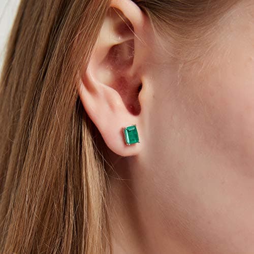 Michooyel Sterling Silver Synthetic Emerald Stud Earrings 1.2ct Baguette 4 Prongs Setting