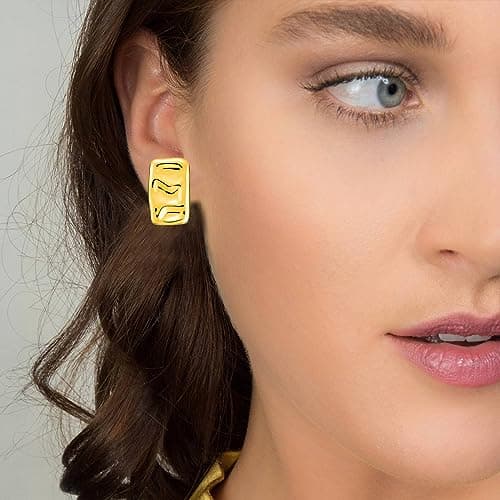 ENVEYO Hammered Geometric Gold Stud Earrings for Women Trendy Square Irregular Chunky Necklace