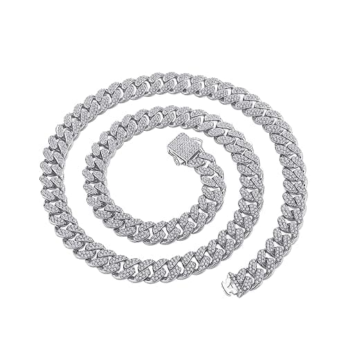 FEEL STYLE Silver Iced Cuban Link Chain Bling Diamond Curb Necklace 18-24inch
