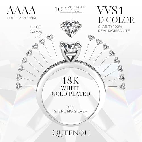 QueenOU 925 Sterling Silver 1CT Moissanite Engagement Ring with 18K White Gold Plating