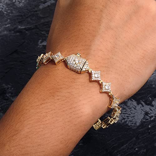 JINAO Iced Out 10MM Star Tennis Bracelet 14K Gold Plated Cubic Zirconia men women