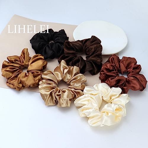 Leopard Silk Satin Scrunchies for Women, 6PCS Solid Color Hair Elastic Bands