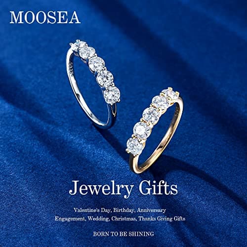 MOOSEA 5 Stone Moissanite Anniversary Rings, 3.75MM 14K White Gold Filled Jewelry