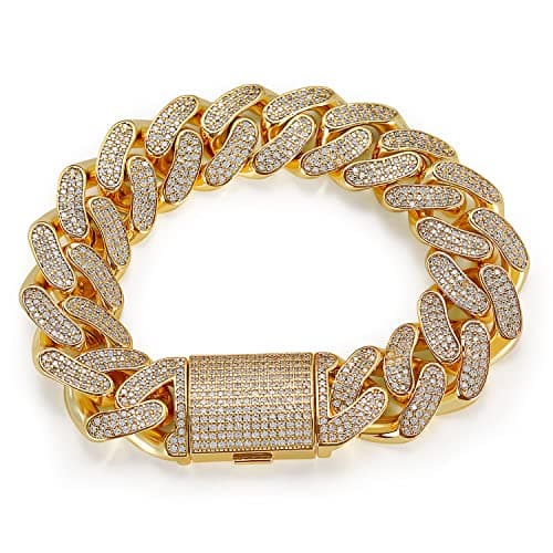 MOFEIJEWEL 18K Gold Plated 15mm Cuban Link Bracelet for Men