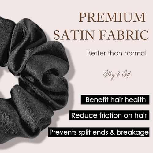 Fittia Black Silk Scrunchies for No Crease Sleep, Silky Satin Hair Ties, 5 Pack