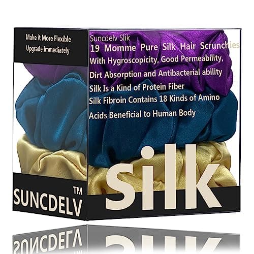 Suncdelv Silk Scrunchies, Anti-Crease & Breakage Hair Ties 22 Momme, 3PCS (Pink, Blue, Khaki)