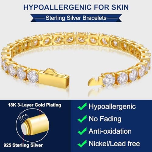 TUHE 1.92ct Lab Grown Moissanite Tennis Bracelet, 18k Gold Plated 925 Silver