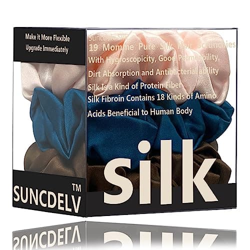Suncdelv Silk Scrunchies, Anti-Crease & Breakage Hair Ties 22 Momme, 3PCS (Pink, Blue, Khaki)