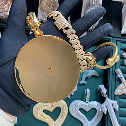 ICEDIAMOND 14K Gold Plated Hip Hop Rotating Medal Pendant with Cubian Link Chain, Super Sparkling CZ Necklace for Men