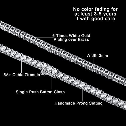Luxfine 14K White Gold Plated 3mm Tennis Necklace, 5A+ Cubic Zirconia Choker