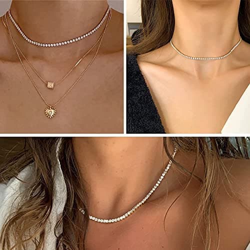 WOWORAMA Women's Gold & Silver Thin Cubic Zirconia Tennis Choker Necklace