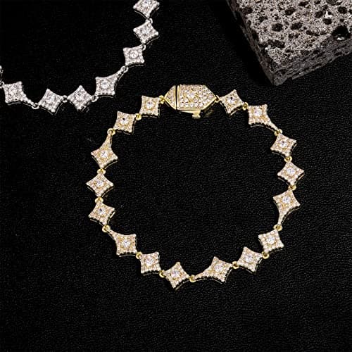 JINAO Iced Out 10MM Star Tennis Bracelet 14K Gold Plated Cubic Zirconia men women