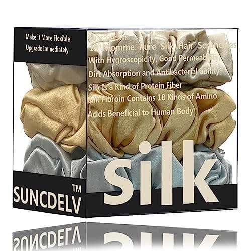 Suncdelv Silk Scrunchies, Anti-Crease & Breakage Hair Ties 22 Momme, 3PCS (Pink, Blue, Khaki)