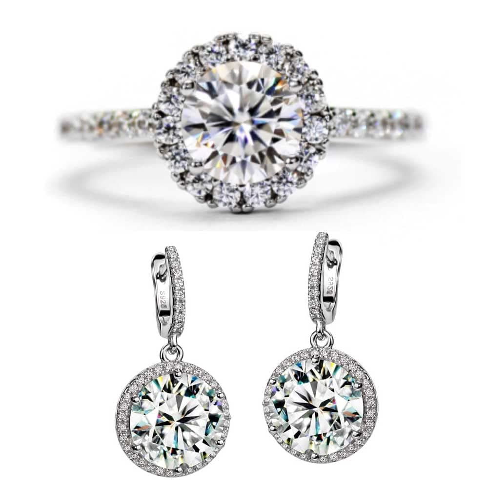 Michooyel S925 Sterling Silver Moissanite CZ Halo Engagement Ring Earrings Set
