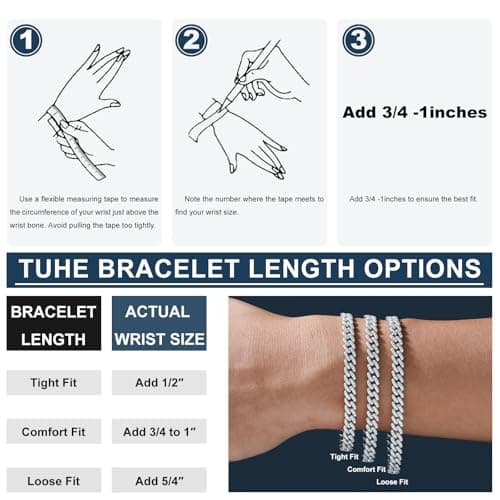 TUHE Men's 1.72-2.52 Carats Moissanite 6MM Cuban Bracelet 18K Gold Plated 925 Sterling Silver Miami Link Clasp