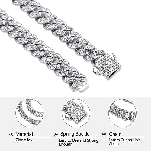 FEEL STYLE Silver Iced Cuban Link Chain Bling Diamond Curb Necklace 18-24inch