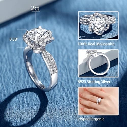 Moissanite Engagement Rings for Women, D Color VVS1 Round Cut Wedding Rings for Wife