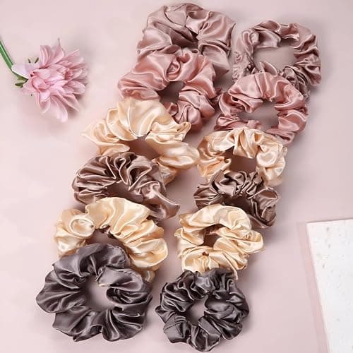 12pcs Set Silk Scrunchies 6 Large 6 Medium Soft Elastic Satin for Women Girls