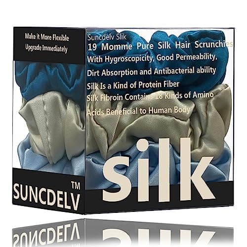 Suncdelv Silk Scrunchies, Anti-Crease & Breakage Hair Ties 22 Momme, 3PCS (Pink, Blue, Khaki)