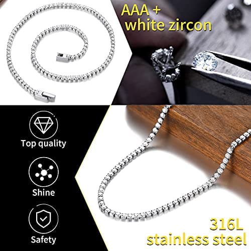 ChainsHouse Classic 3mm Cubic Zirconia Tennis Necklace - Stainless Steel & 18K Gold Plated for Men & Women