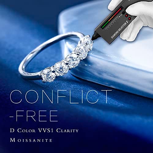 MOOSEA 5 Stone Moissanite Anniversary Rings, 3.75MM 14K White Gold Filled Jewelry