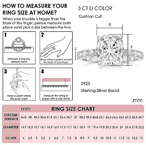 Michooyel 3ct Cushion Cut S925 Sterling Silver Engagement Ring for Women