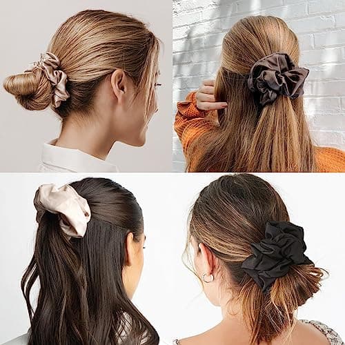 Leopard Silk Satin Scrunchies for Women, 6PCS Solid Color Hair Elastic Bands