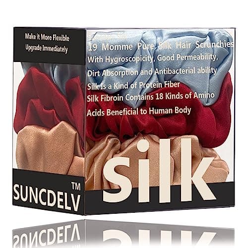 Suncdelv Silk Scrunchies, Anti-Crease & Breakage Hair Ties 22 Momme, 3PCS (Pink, Blue, Khaki)