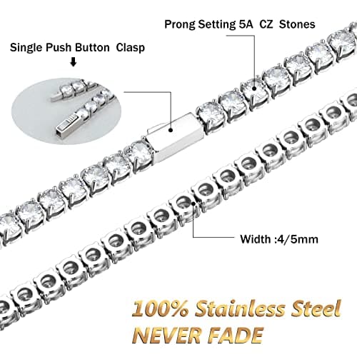 Zsllzm Women & Men 4/5mm 1 Row Prong-Setting Stainless Steel Cubic Zirconia Tennis Chain Necklace with Gift Box