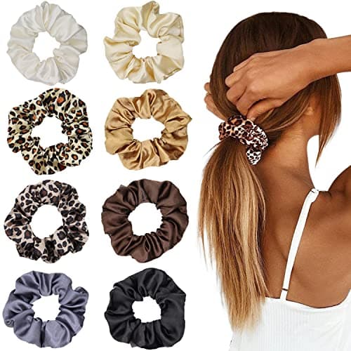 Leopard Silk Satin Scrunchies for Women, 6PCS Solid Color Hair Elastic Bands