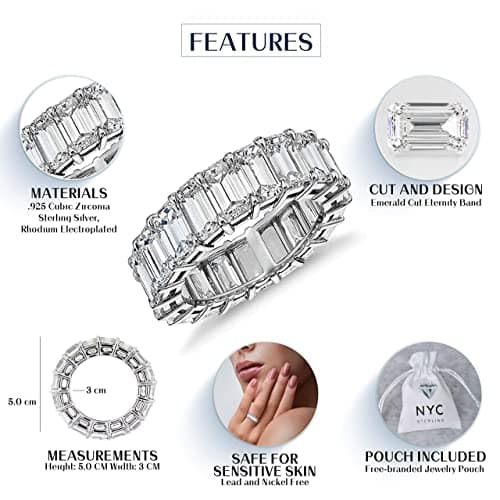 Sterling Silver Emerald Cut Eternity Band Ring Cubic Zirconia