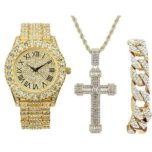 Charles Raymond Iced Out Mens Tennis Cross Necklace & Blinged Out Cuban ZZ Watch Set - ST10327TCR