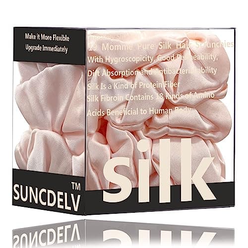 Suncdelv Silk Scrunchies, Anti-Crease & Breakage Hair Ties 22 Momme, 3PCS (Pink, Blue, Khaki)