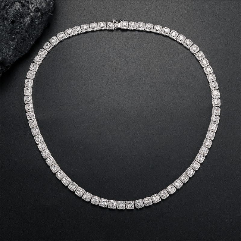 Gemsme 18K Gold Plated Halo 4.0mm Square CZ Tennis Necklace 16/18/20" chain