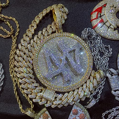 ICEDIAMOND 14K Gold Plated Hip Hop Rotating Medal Pendant with Cubian Link Chain, Super Sparkling CZ Necklace for Men
