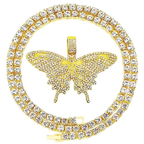 HH BLING EMPIRE Iced Out Silver/Gold Butterfly Necklace 22 Inch