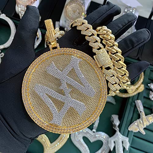 ICEDIAMOND 14K Gold Plated Hip Hop Rotating Medal Pendant with Cubian Link Chain, Super Sparkling CZ Necklace for Men