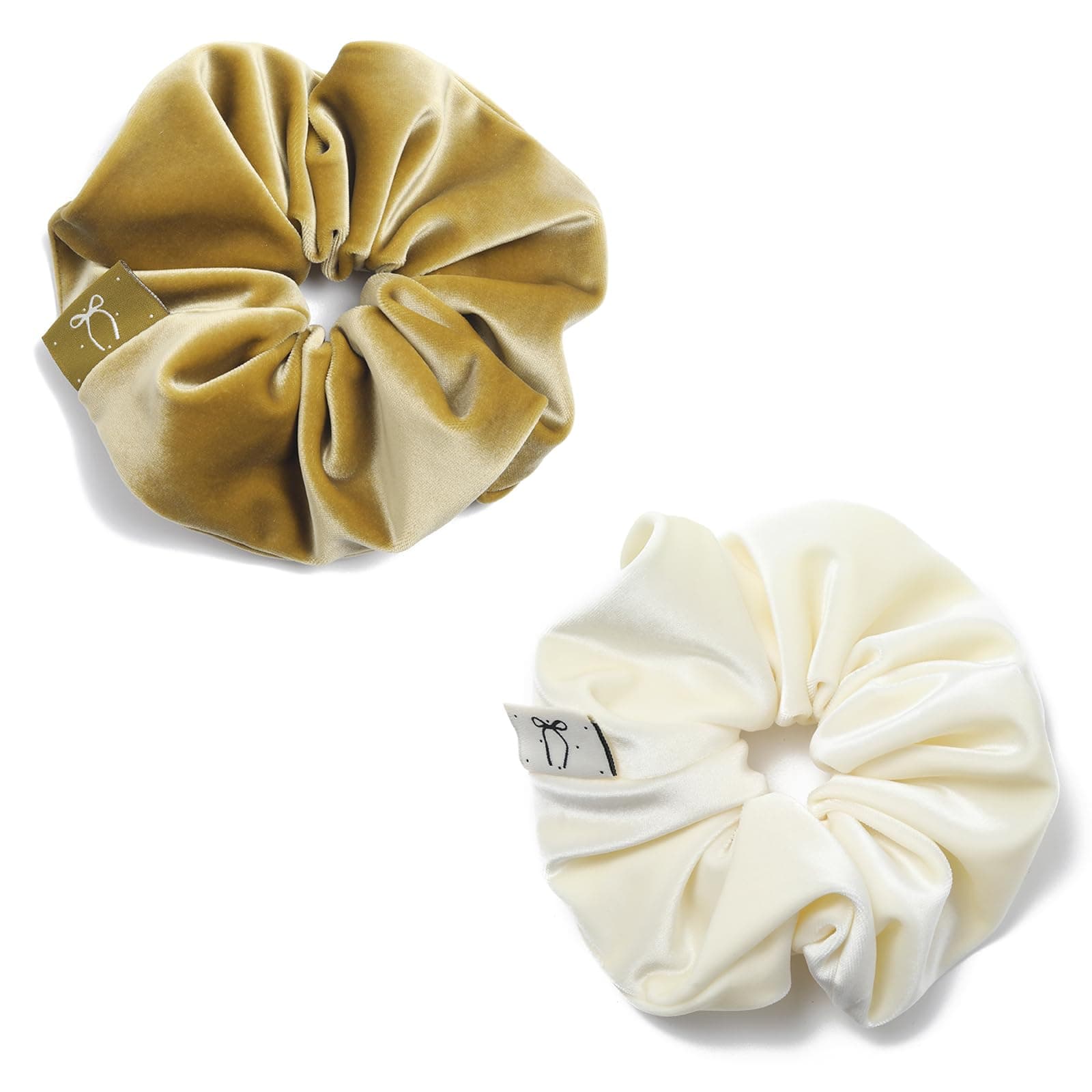 Premium Silk Velvet Scrunchies for Women, Soft Leave Yellow Milky White, 2pcs