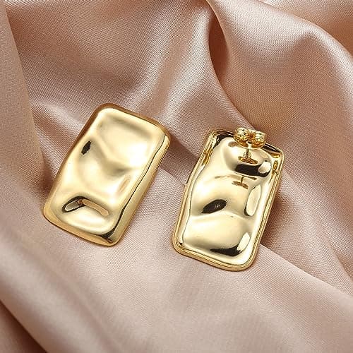 ENVEYO Hammered Geometric Gold Stud Earrings for Women Trendy Square Irregular Chunky Necklace