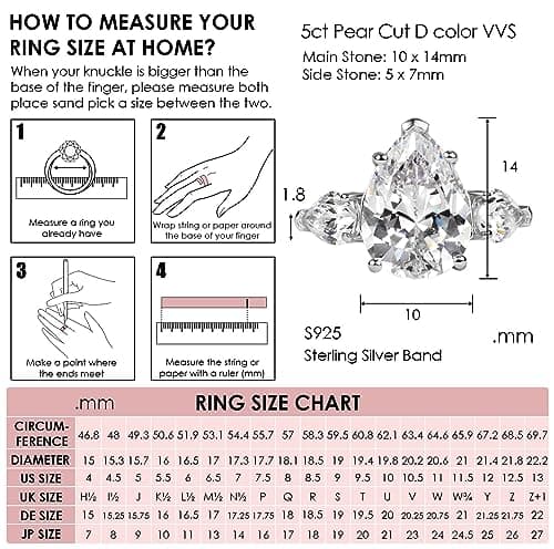 Michooyel S925 5.0ct Pear Cut Diamond Engagement Ring for Women