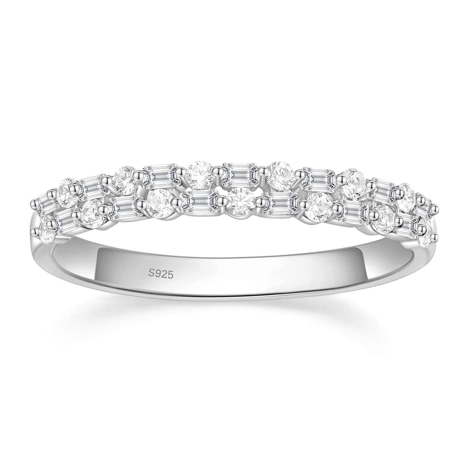 EAMTI Sterling Silver Baguette & Round CZ Two-Row Eternity Ring Size 4-10