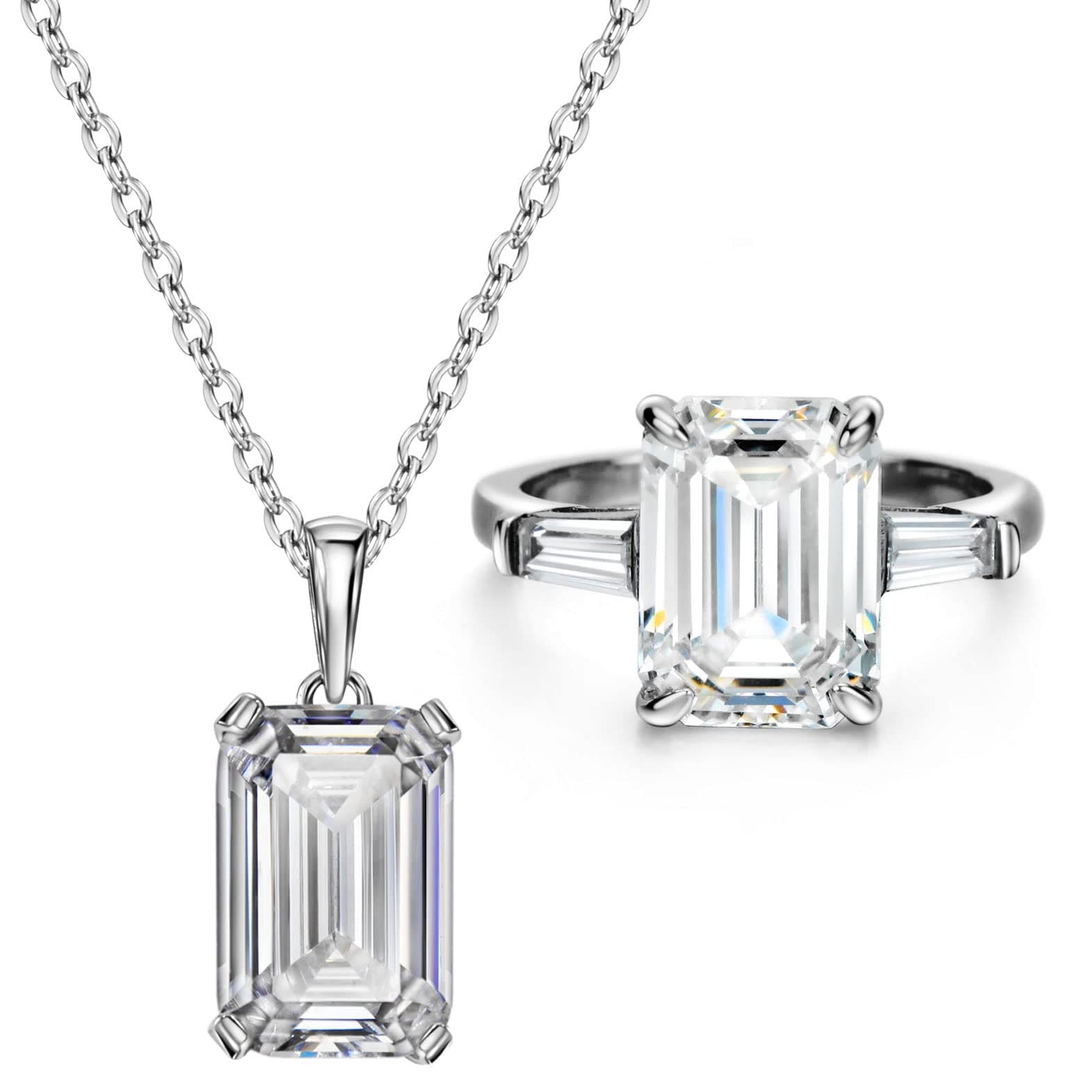 Michooyel S925 Emerald Cut Engagement Ring Necklace Set
