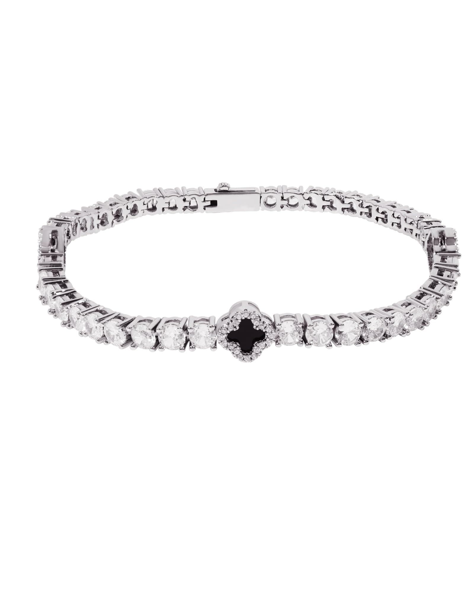 LuxeFlex 4mm Iced Out Four Leaf Tennis Bracelet, White Gold Plated, 5A Zircon Stones, Handmade Hip Hop Jewelry