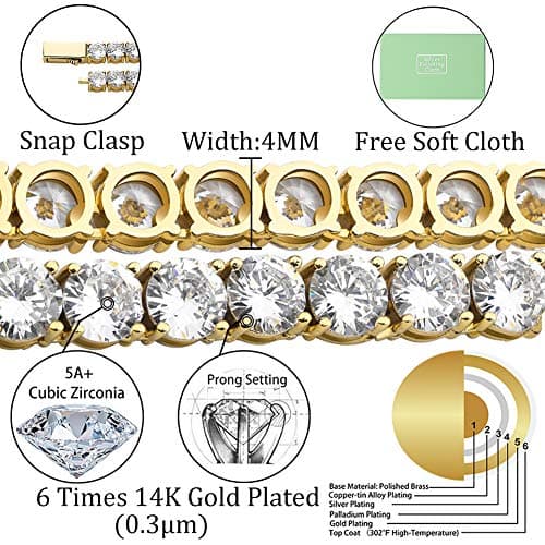 TOPGRILLZ 14K Gold Plated Diamond Tennis Necklacemıdiunmm Cubic Zirconia