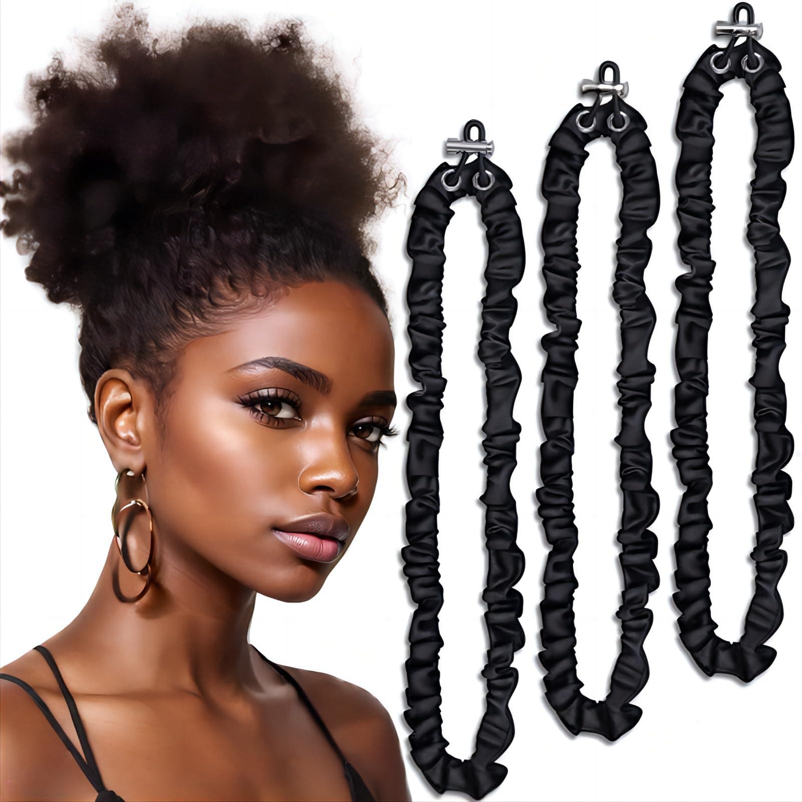 3Pcs Extra Length Black Silk Scrunchies, No-Slip Ponytail Holders for Women