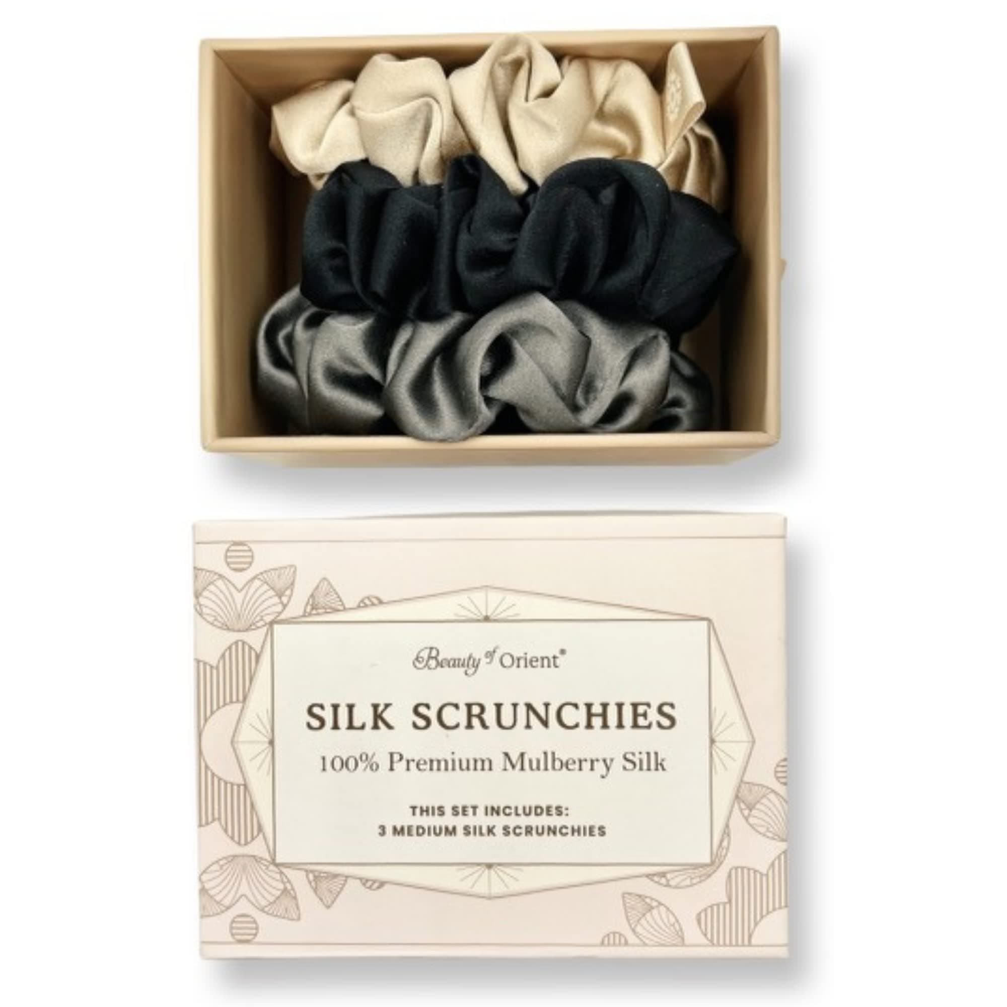 Premium 25 Momme Mulberry Silk Scrunchies | Bedrock, Midnight, Champagne (3 Medium)