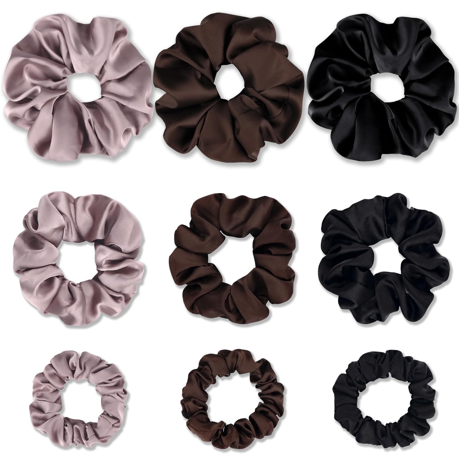 9 Pack Satin Scrunchies for Women - Soft, No Damage, Ideal for Curly Thick Hair - Black, Brown, Purple - 3 Sizes