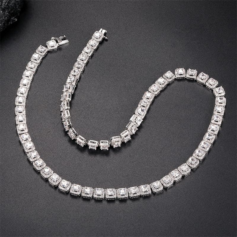 Gemsme 18K Gold Plated Halo 4.0mm Square CZ Tennis Necklace 16/18/20" chain